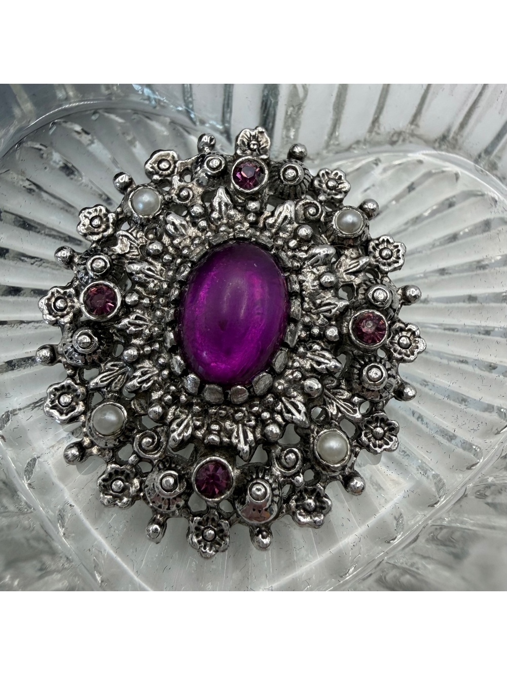Vintage Sarah Coventry Purple Cabochon Faux Pearl Rhinestone Signed Brooch
